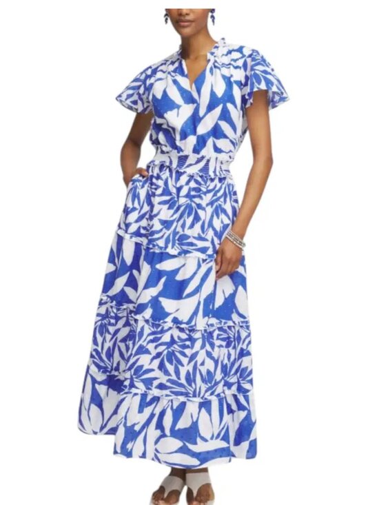 Chico's Dresses & Skirts - Chicos Flutter Sleeve Smocked Petite Maxi Dress Blue White Clip Dot Sz 16P